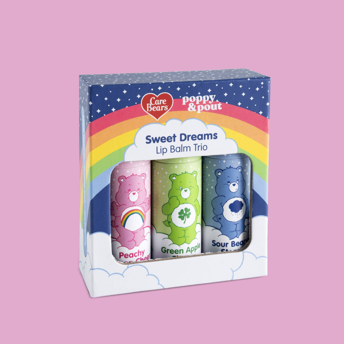Poppy and Pout Care Bears Limited Edition Lip Balm Trio - gift set flatlay