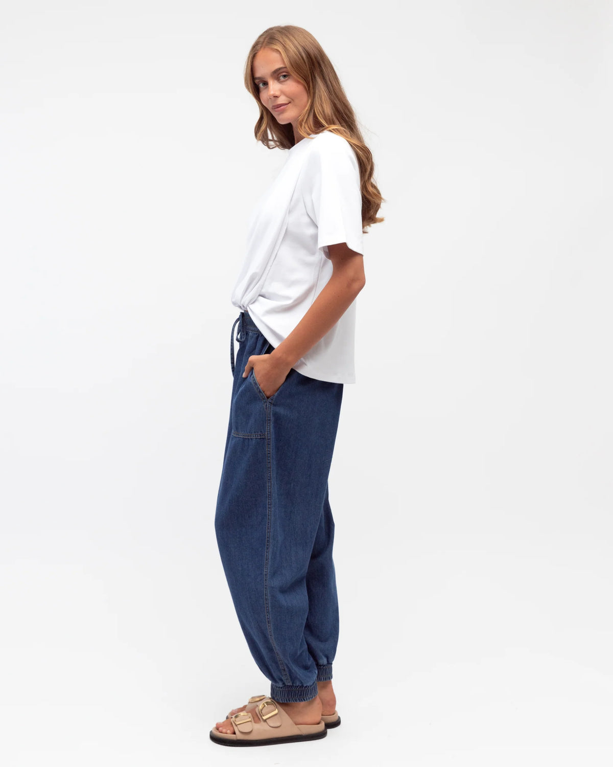 Label of Love Slouchy Chambray Pant - side view on model