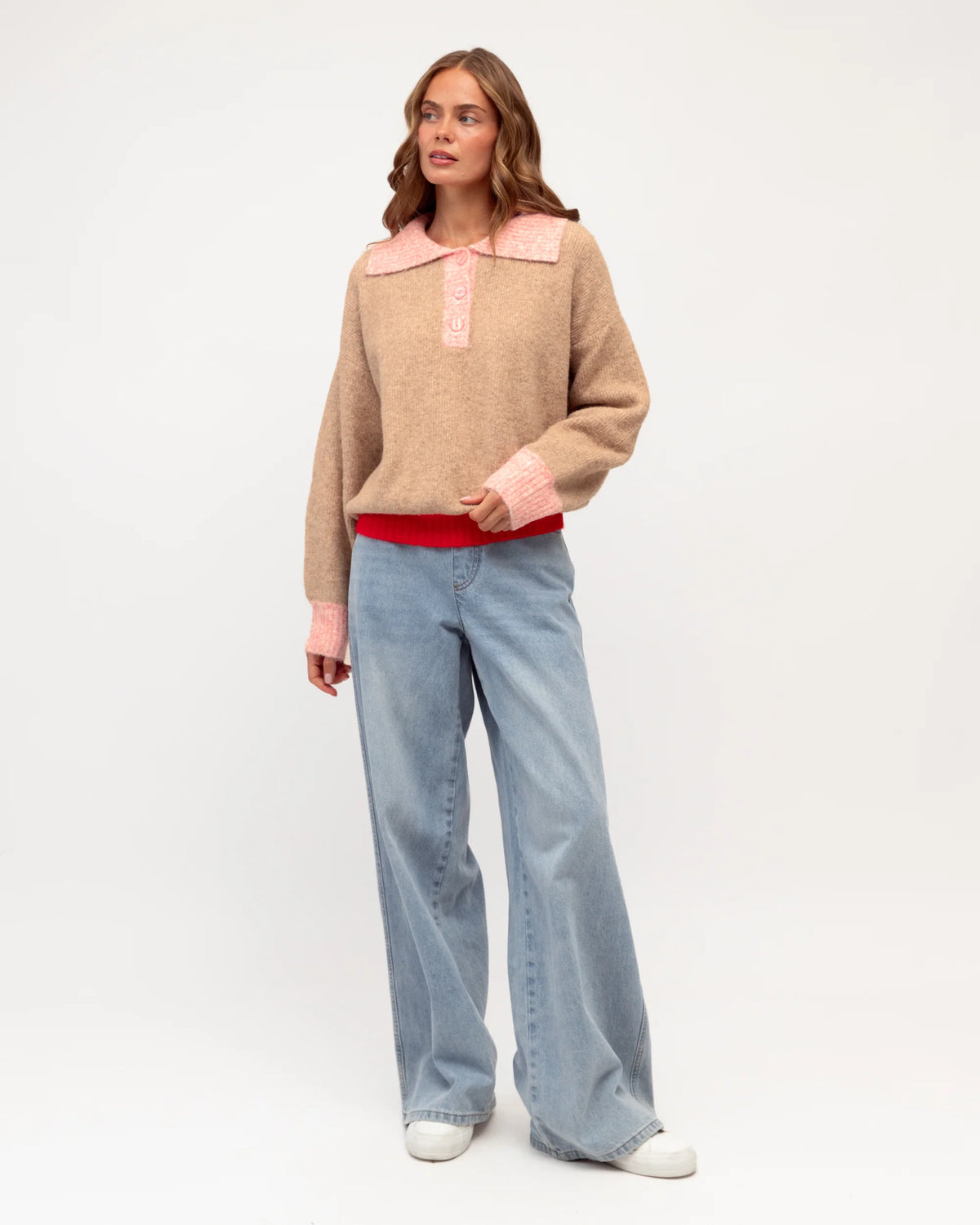 Label of Love Contrast Collar Knit - front view on model