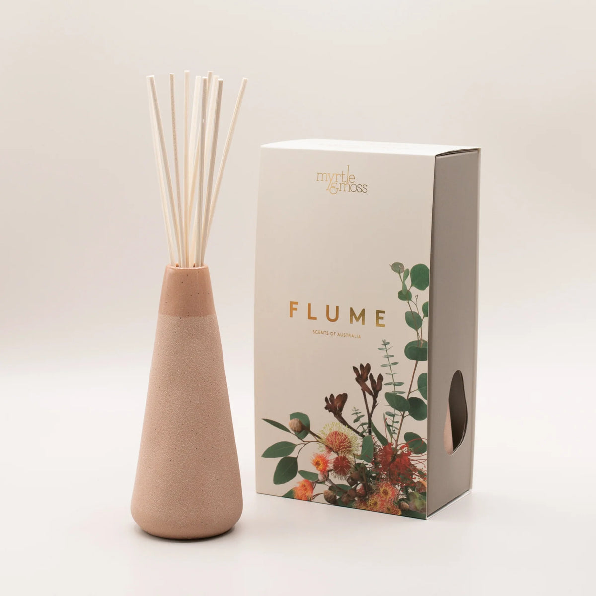 Myrtle & Moss Flume reed diffuser in dusty blush ceramic vase, view 3