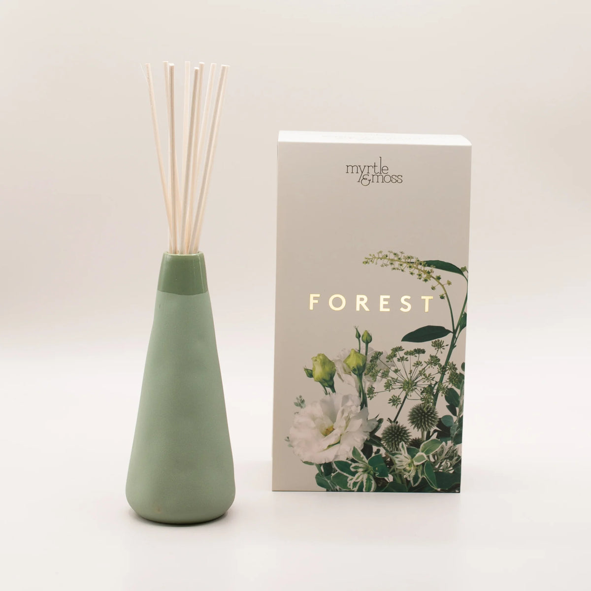 Myrtle & Moss Forest reed diffuser in sage green ceramic vase