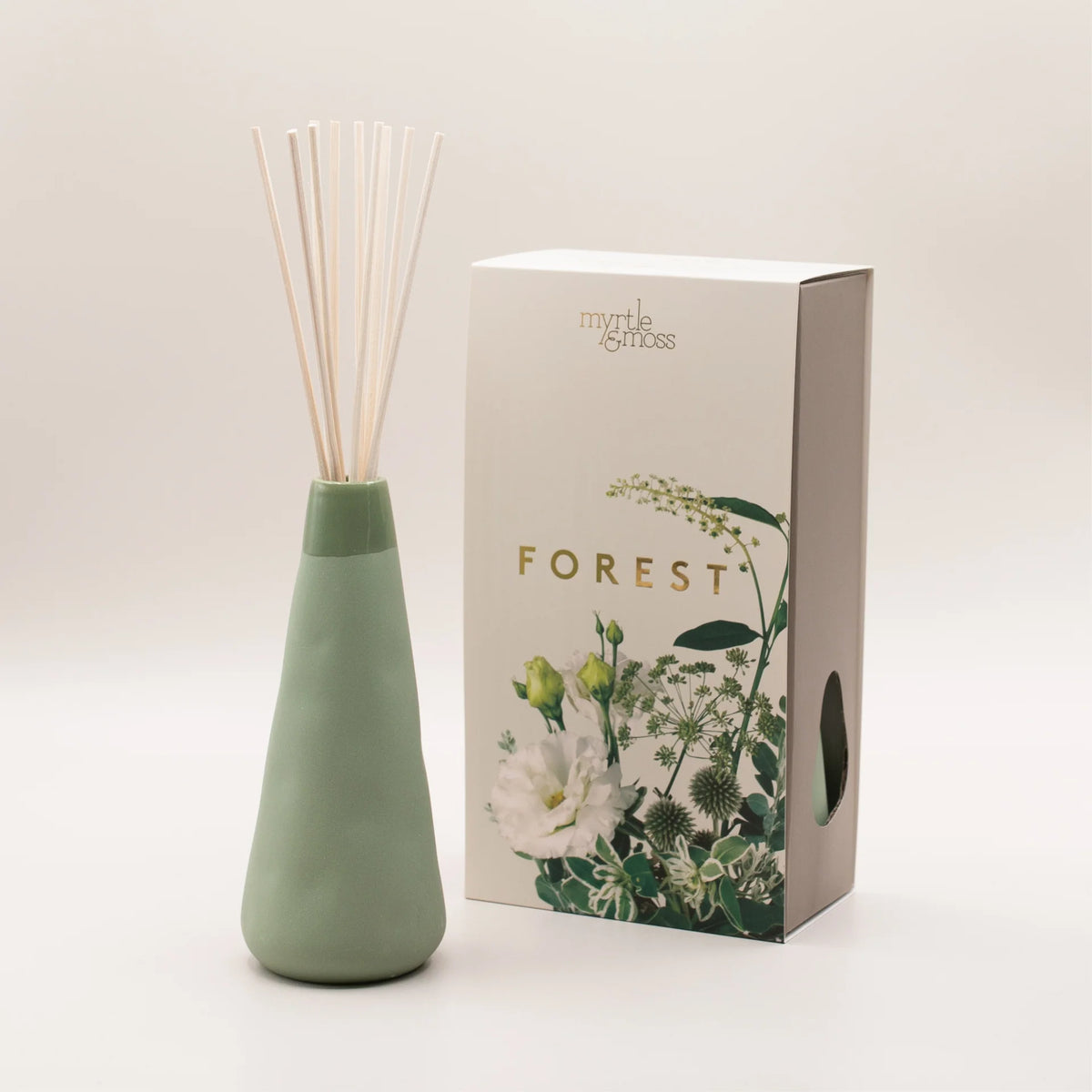 Myrtle & Moss Forest reed diffuser in sage green ceramic vase, view 3
