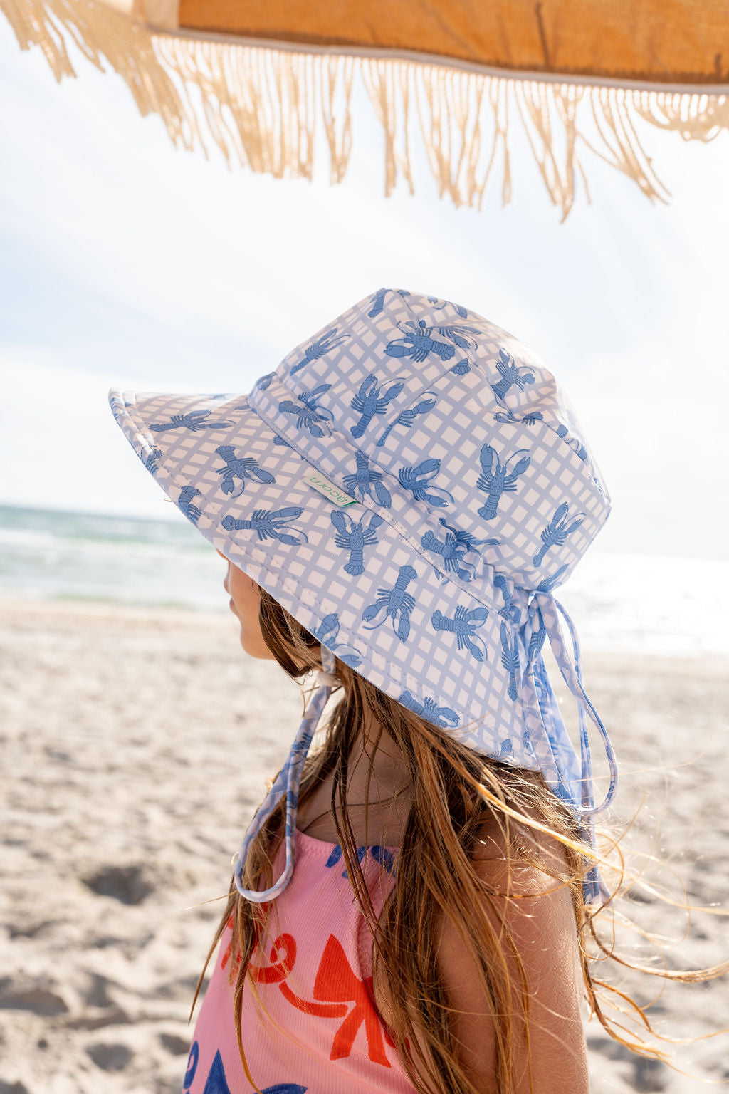 Acorn Blue Lobster Wide Brim Swim Hat - front view on child