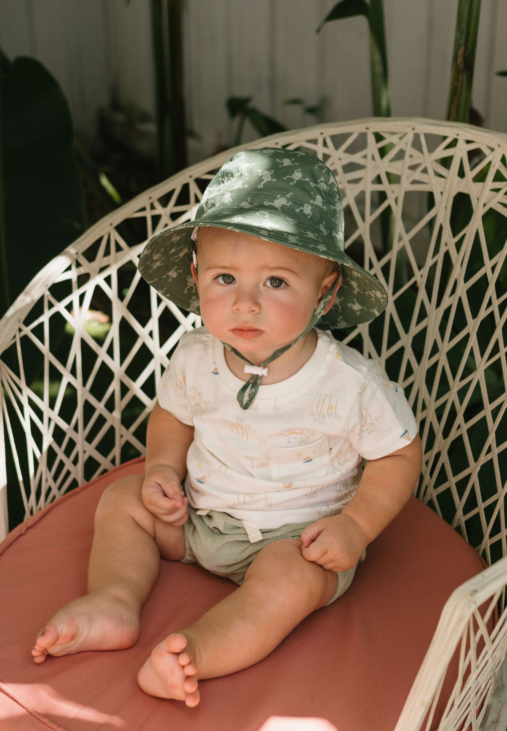Acorn Baby Frogs Wide Brim Infant Hat - front view on baby