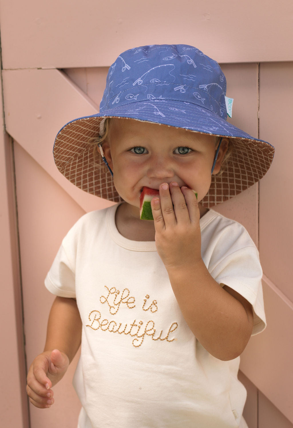 Acorn Gone Fishing Wide Brim Bucket Hat - front view on model