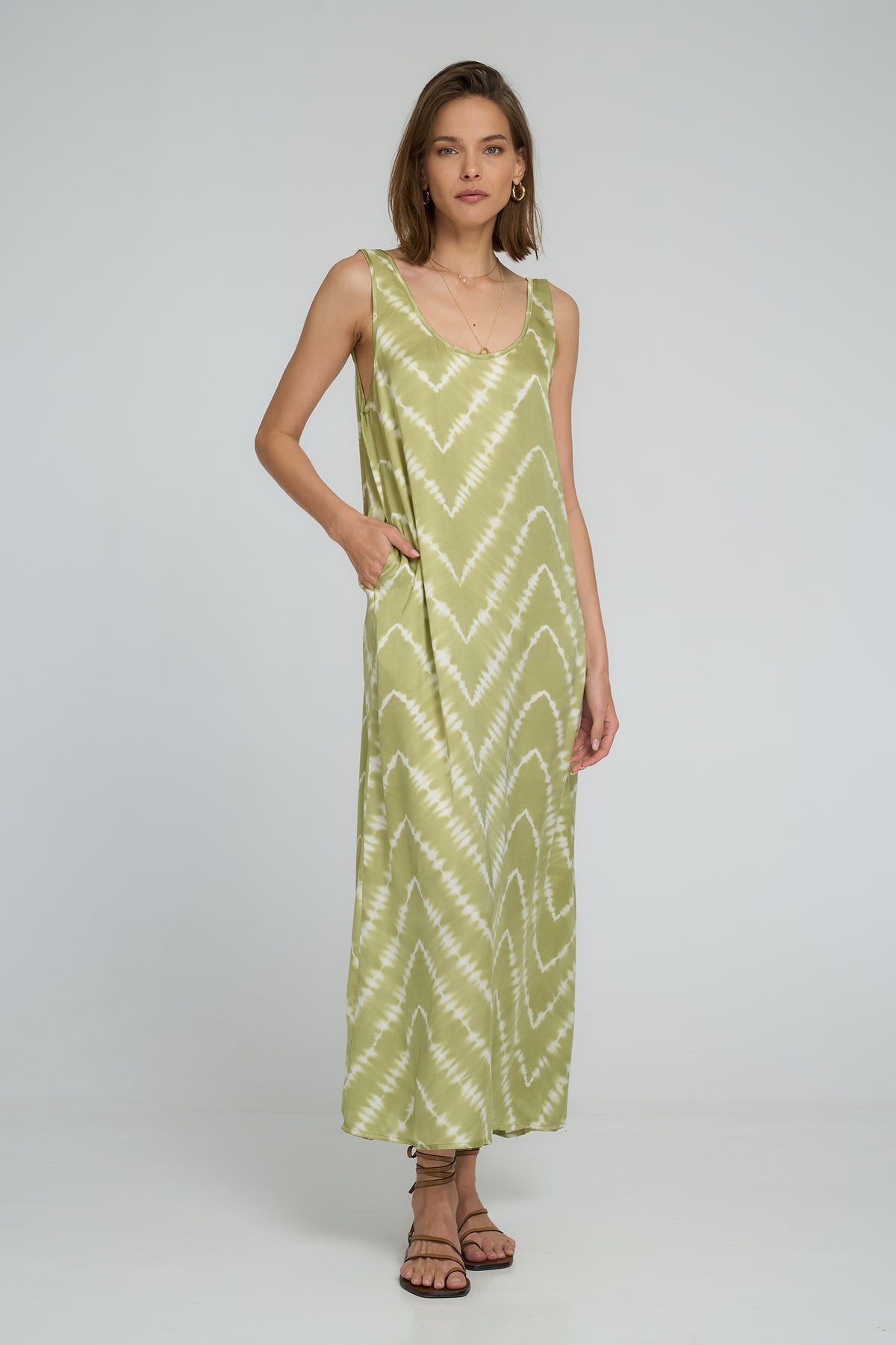 Lilya Safran Maxi Dress Celestial Tie Dye green apple - model back view