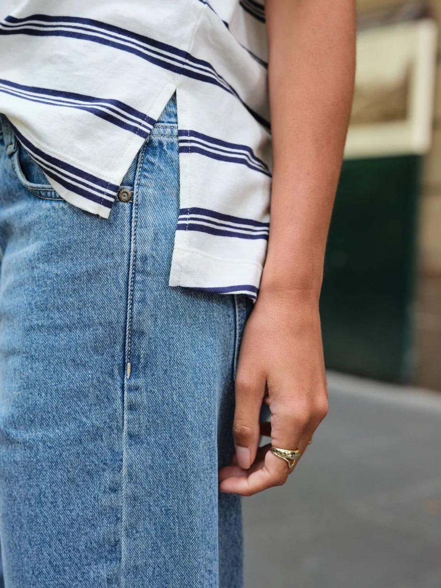 Ceres Life - Stevie Slouchy Tee in Milk/Heritage Navy Stripe — back view flat lay