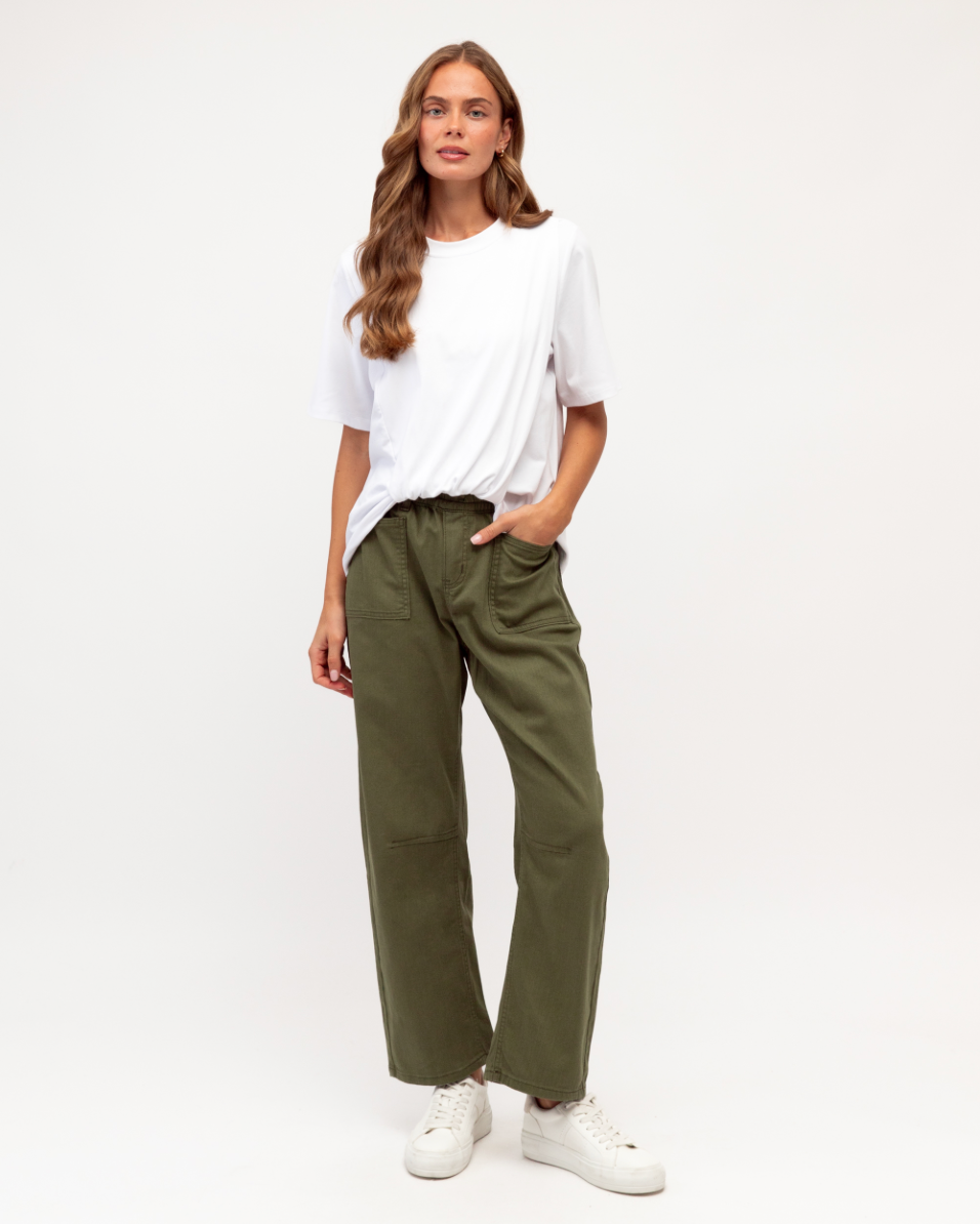 Label of Love Faded Barrel Leg Jean Khaki - product flatlay