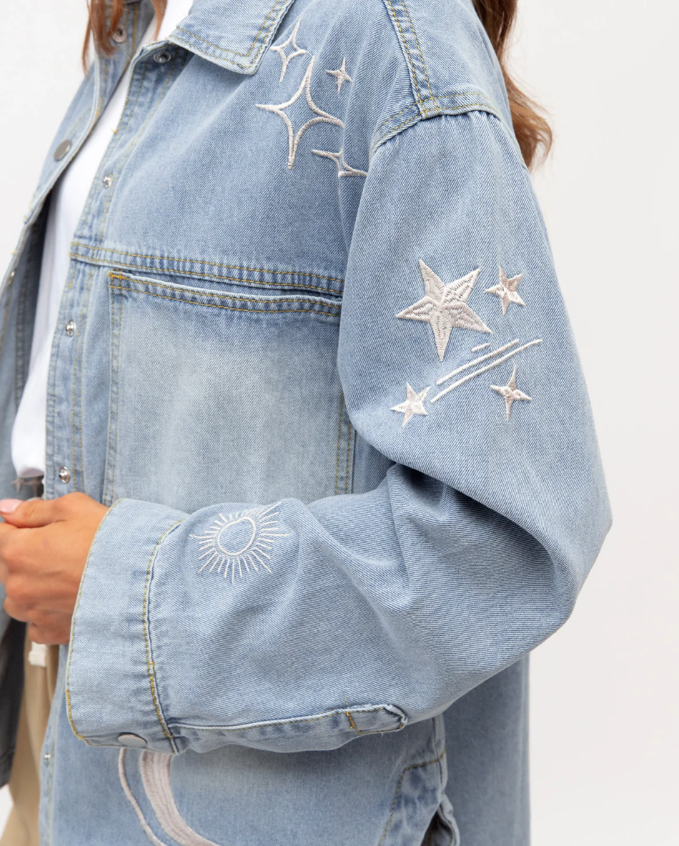 Label of Love Written in the Stars Shacket Denim - front view on model