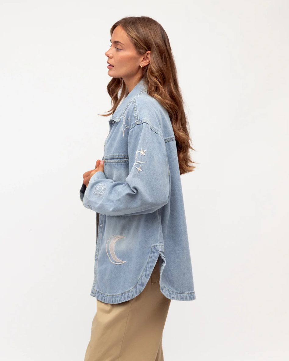 Label of Love Written in the Stars Shacket Denim - back view on model