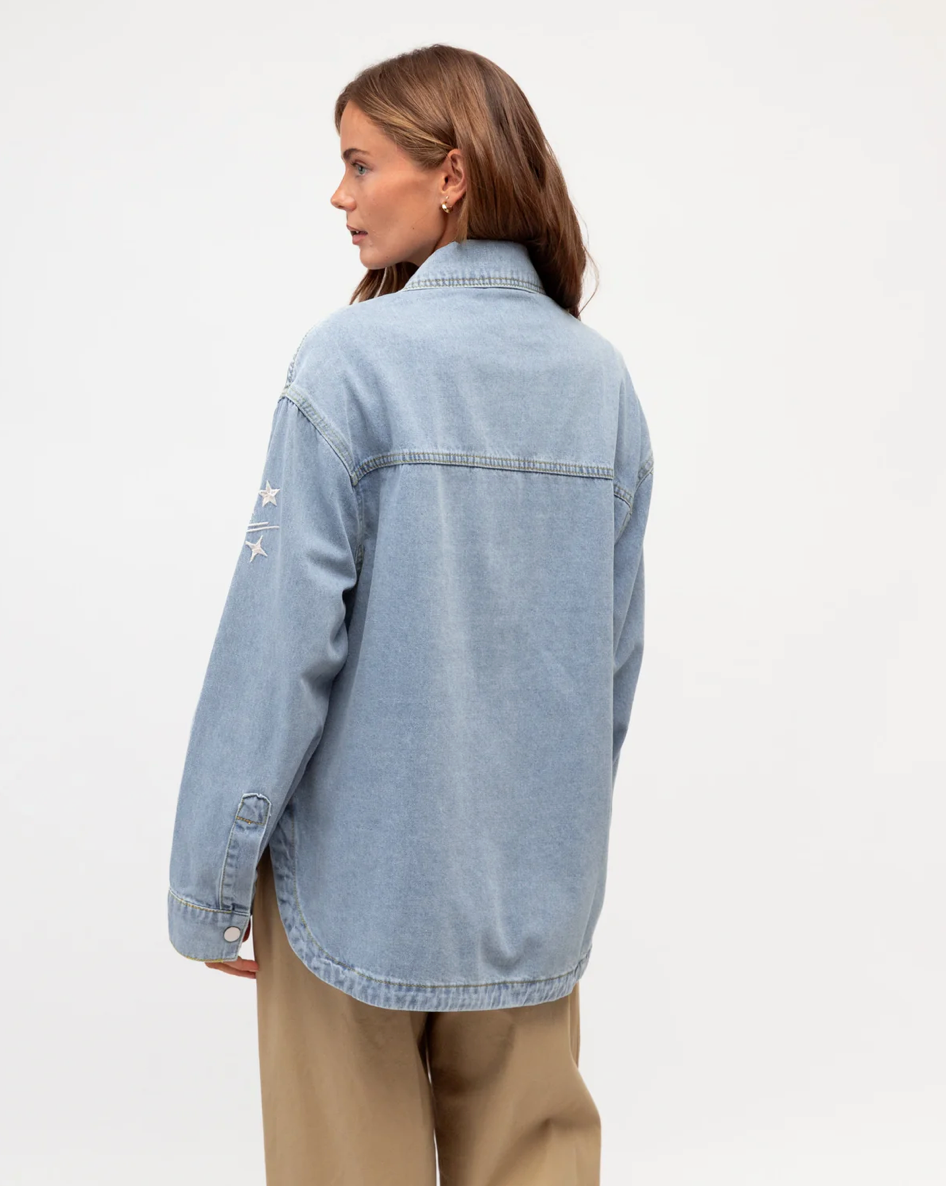 Label of Love Written in the Stars Shacket Denim - star embroidery detail