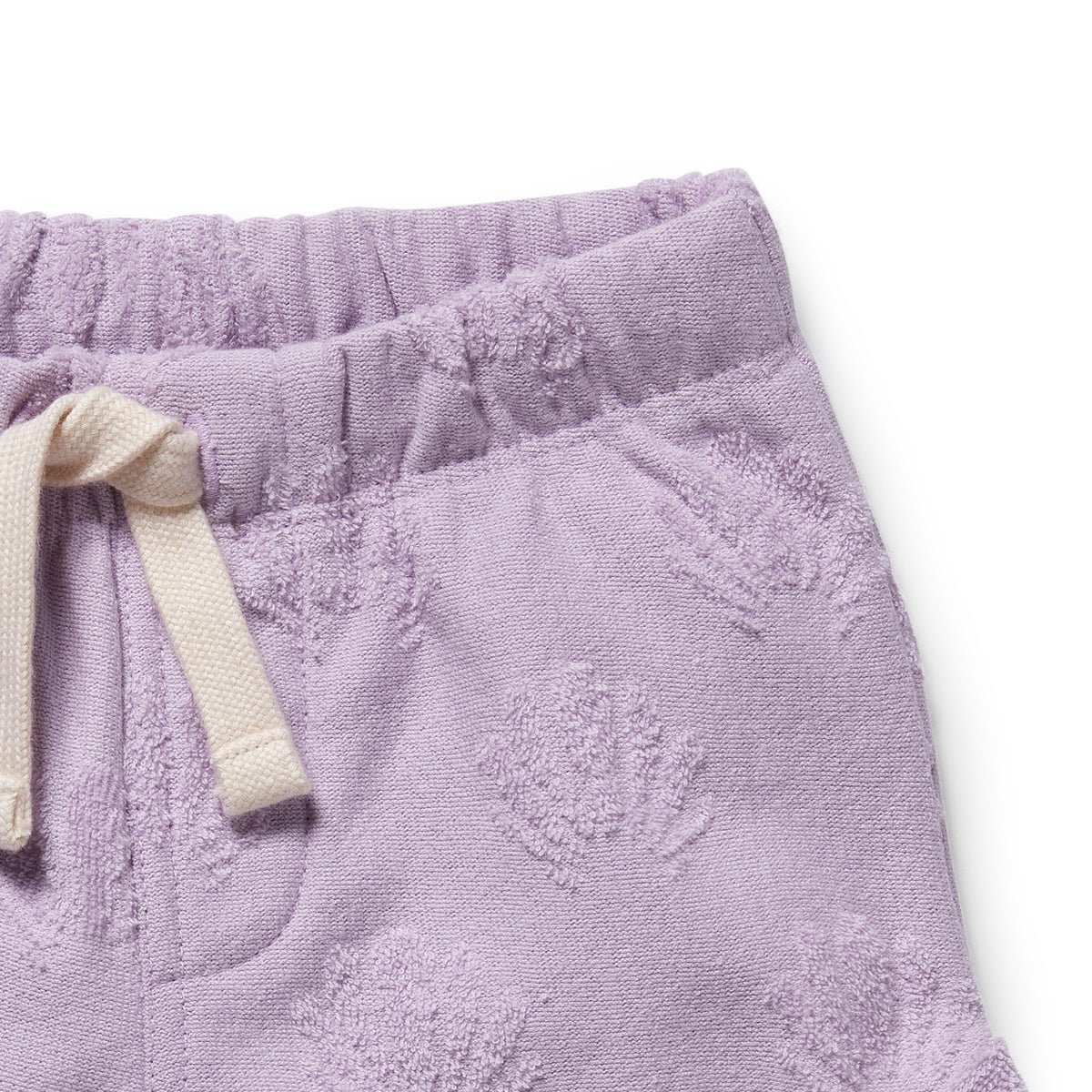 Wilson and Frenchy Lavender Shells Organic Terry Tie Short - baby wearing shorts
