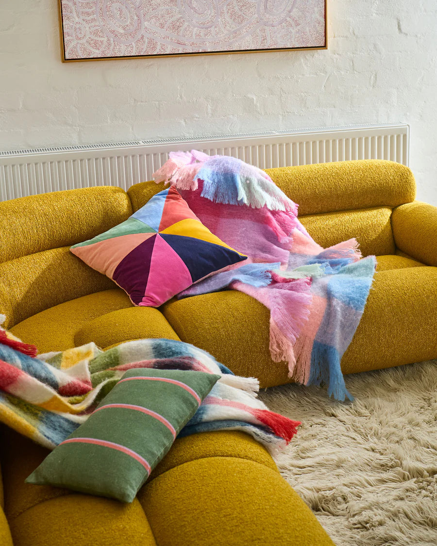 Kip and Co Lustre panelled velvet cushion - styled on sofa