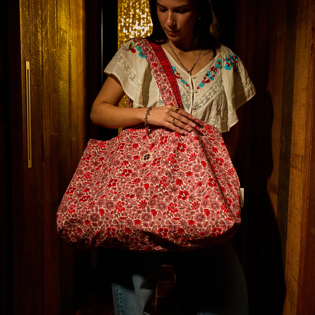 Sage x Clare  |Magnolia Reversible Cotton Tote Bag - Poppy
