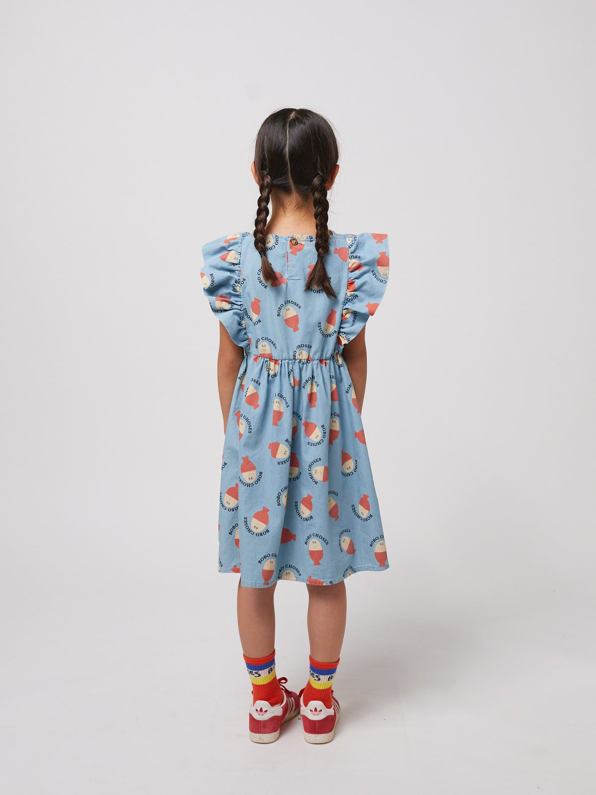 Bobo Choses - Morning Egg all over ruffle dress SS25 — back view flat lay