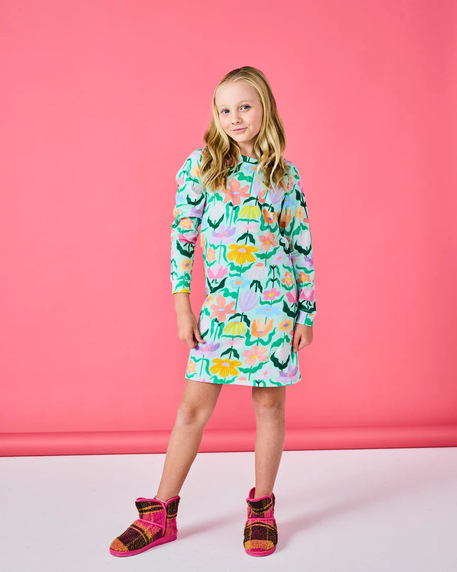 Kip and Co Popping Flowers Green Organic Cotton Long Sleeve Kids Nightie - product flatlay
