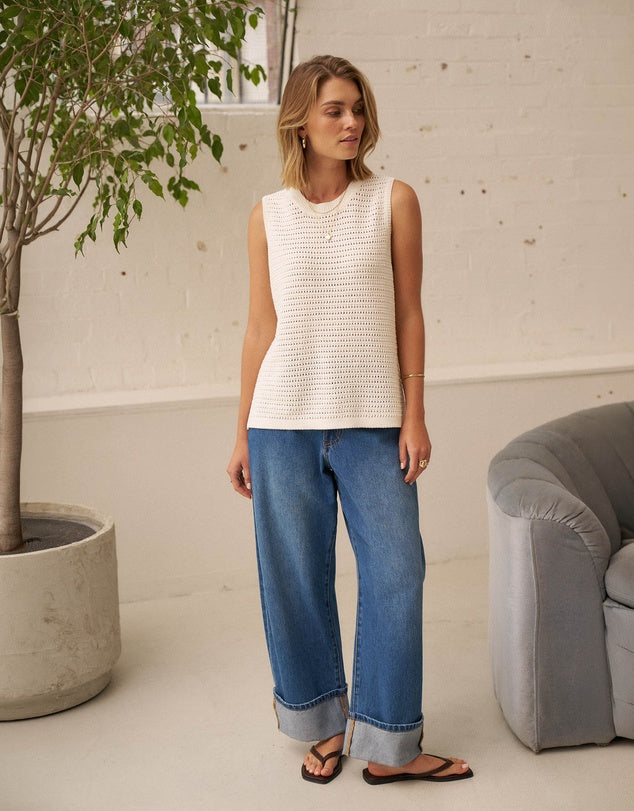 Ceres Life - Margot Mesh Knit Tank- Ecru — product detail shot