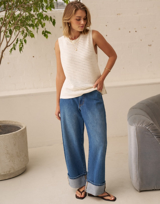 Ceres Life - Margot Mesh Knit Tank- Ecru — back view flat lay