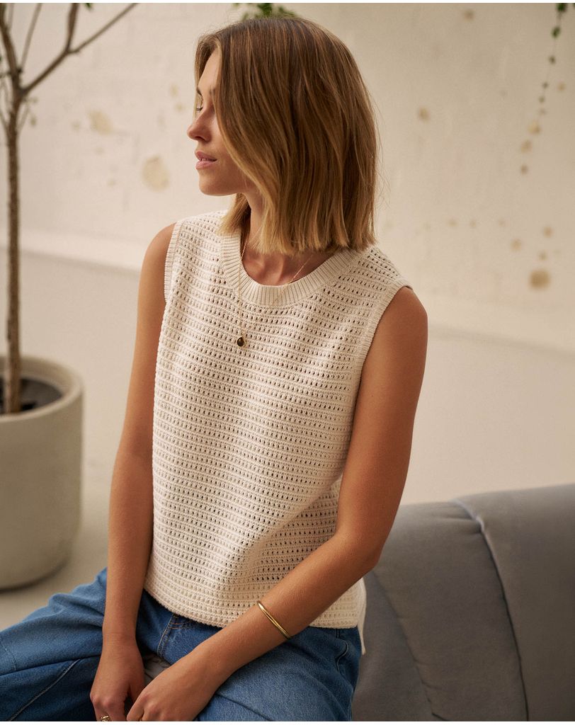 Ceres Life - Margot Mesh Knit Tank- Ecru — front view flat lay