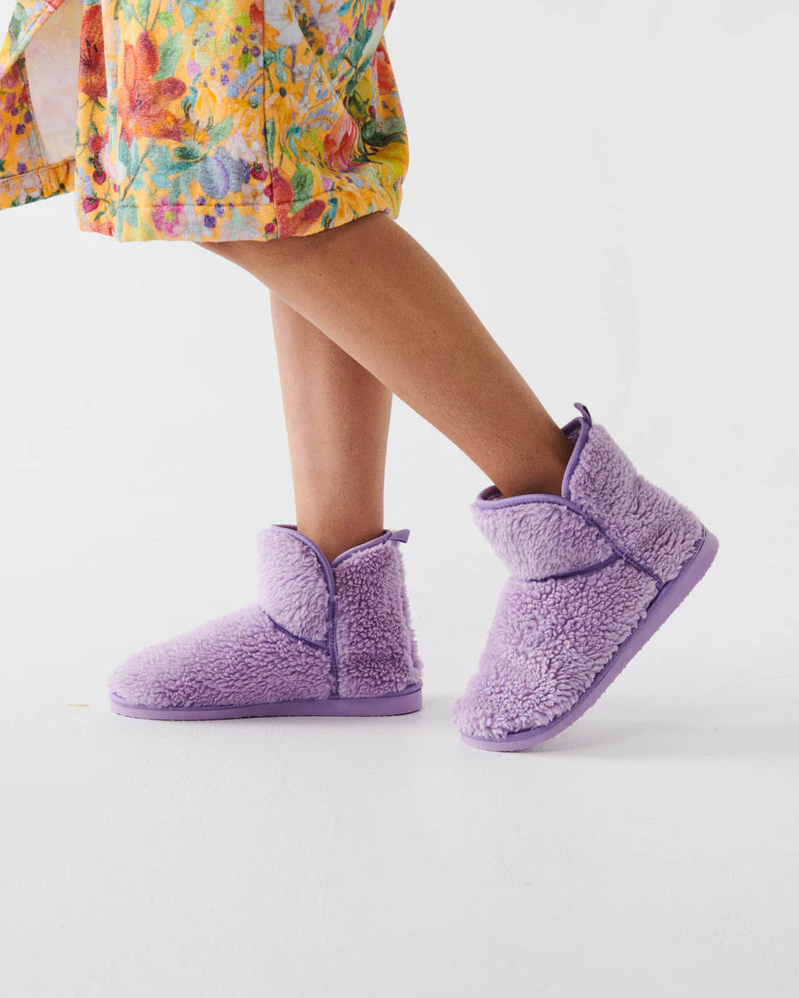 Kip and Co Lavender Sherpa Boot - lifestyle cosy bedroom setting