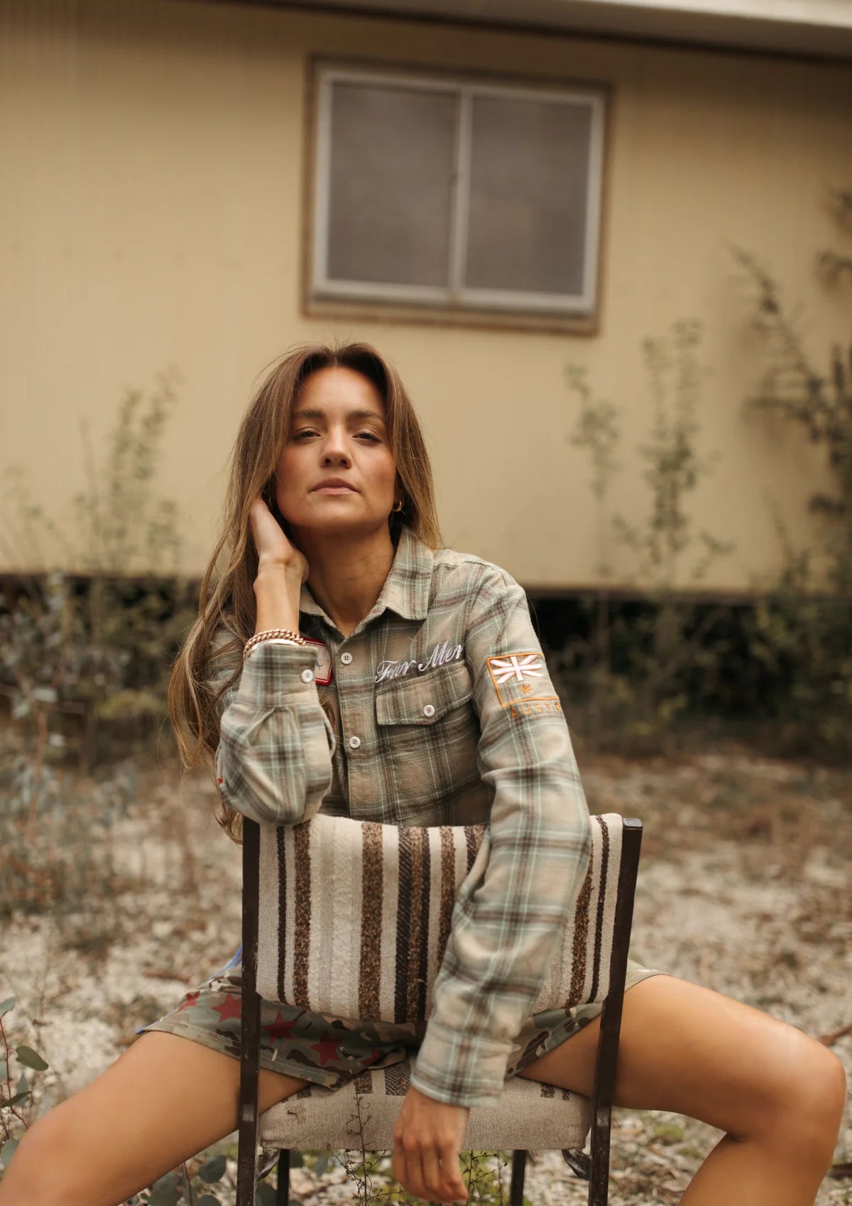 FAR MER by Whitney Military Check Boyfriend Button Up shirt, view 2