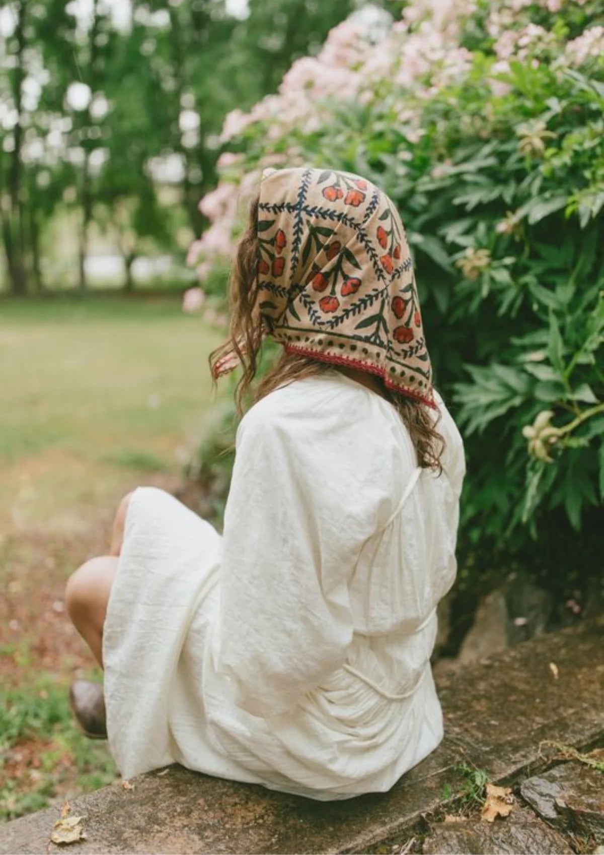 Far Mer by Whitney Wallflower silk bandanna - styled as neck scarf